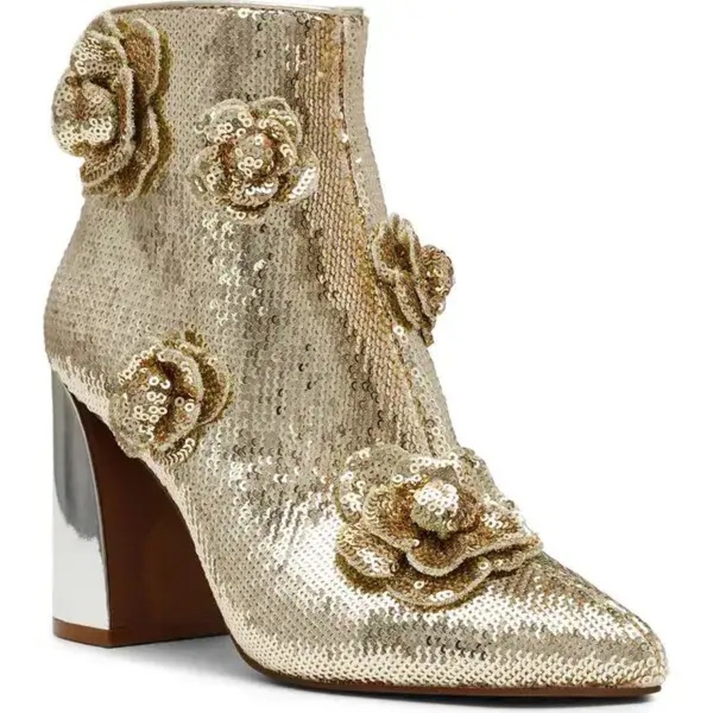 Betsey Johnson Gold Sequin Ankle Boots with Floral Details